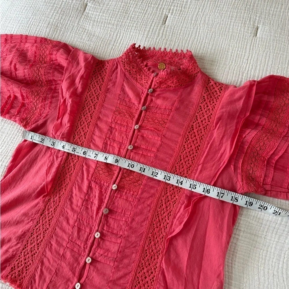 Free People One 100% Cotton Hot Pink Puff Sleeve Blouse XS NEW NWOT